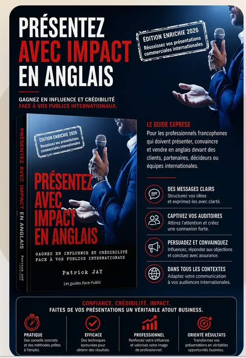 Couverture du guide « Présentez avec impact en anglais » de Patrick JAY, édition enrichie 2026